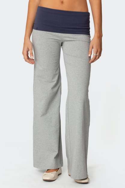 Wide Leg Contrast Foldover Pants - GRAY MELANGE