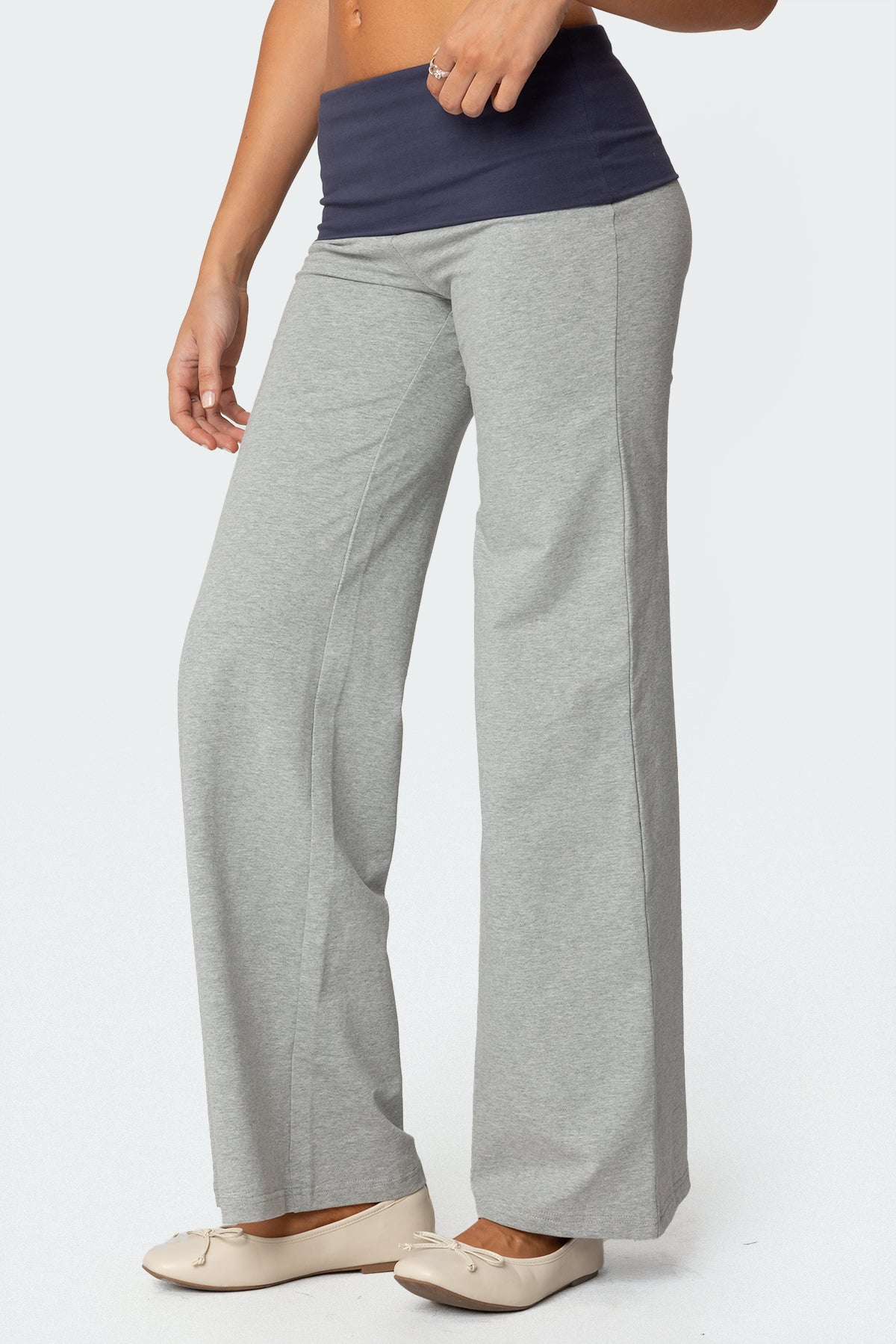 Wide Leg Contrast Foldover Pants - GRAY MELANGE