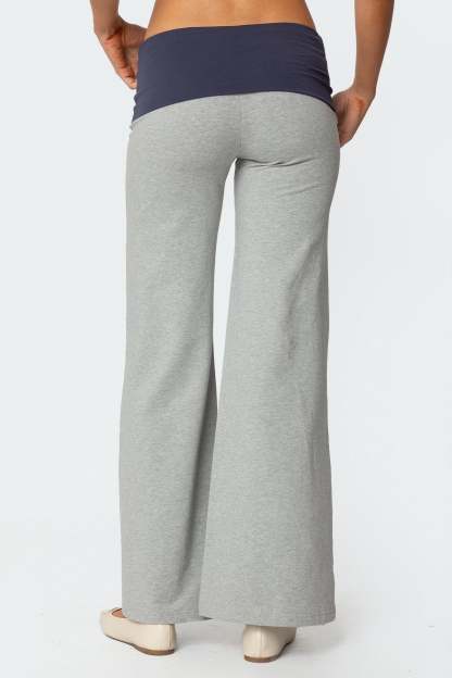 Wide Leg Contrast Foldover Pants - GRAY MELANGE