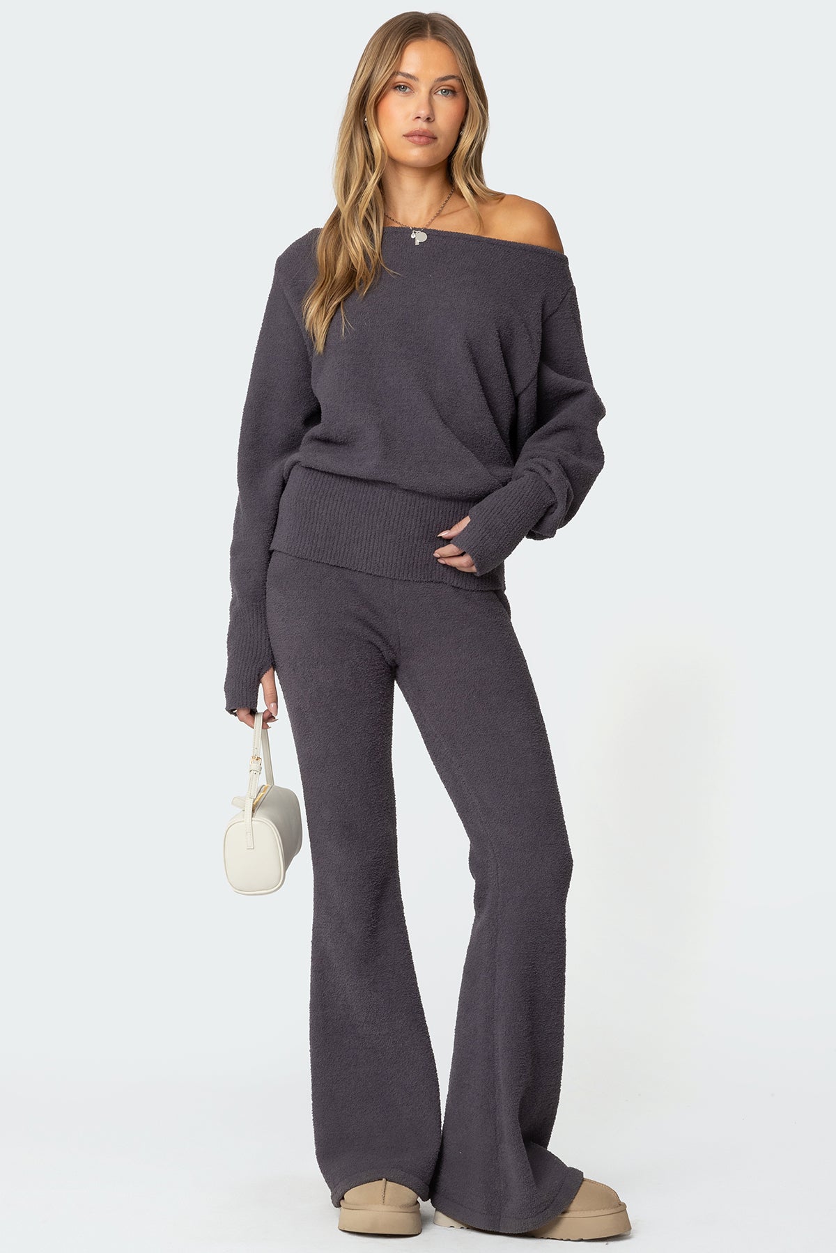 Plush Oversized Asymmetric Sweater - DARK GRAY