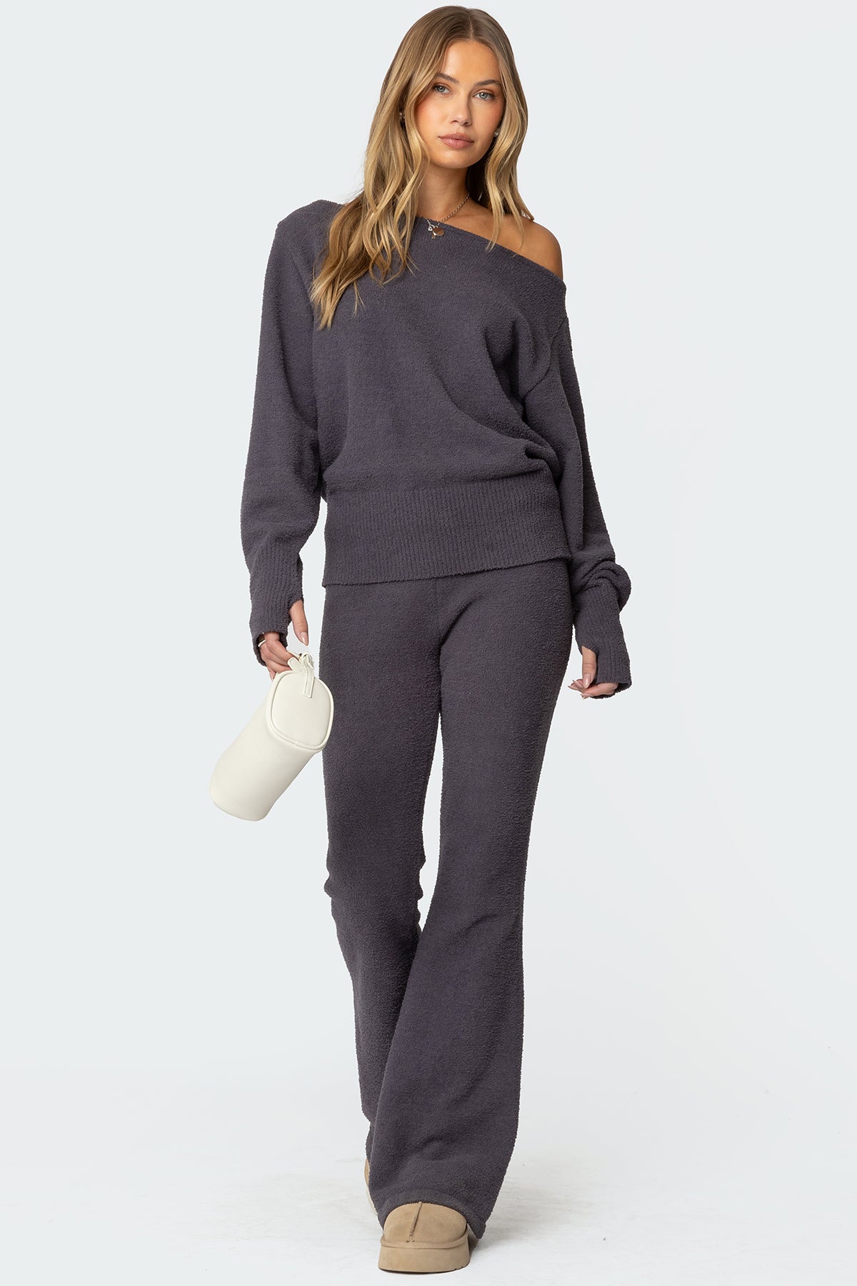Plush Oversized Asymmetric Sweater - DARK GRAY