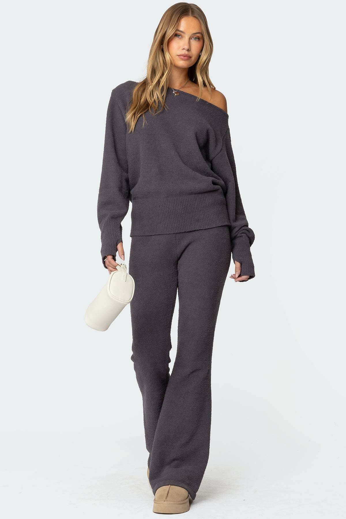 Plush Oversized Asymmetric Sweater - DARK GRAY
