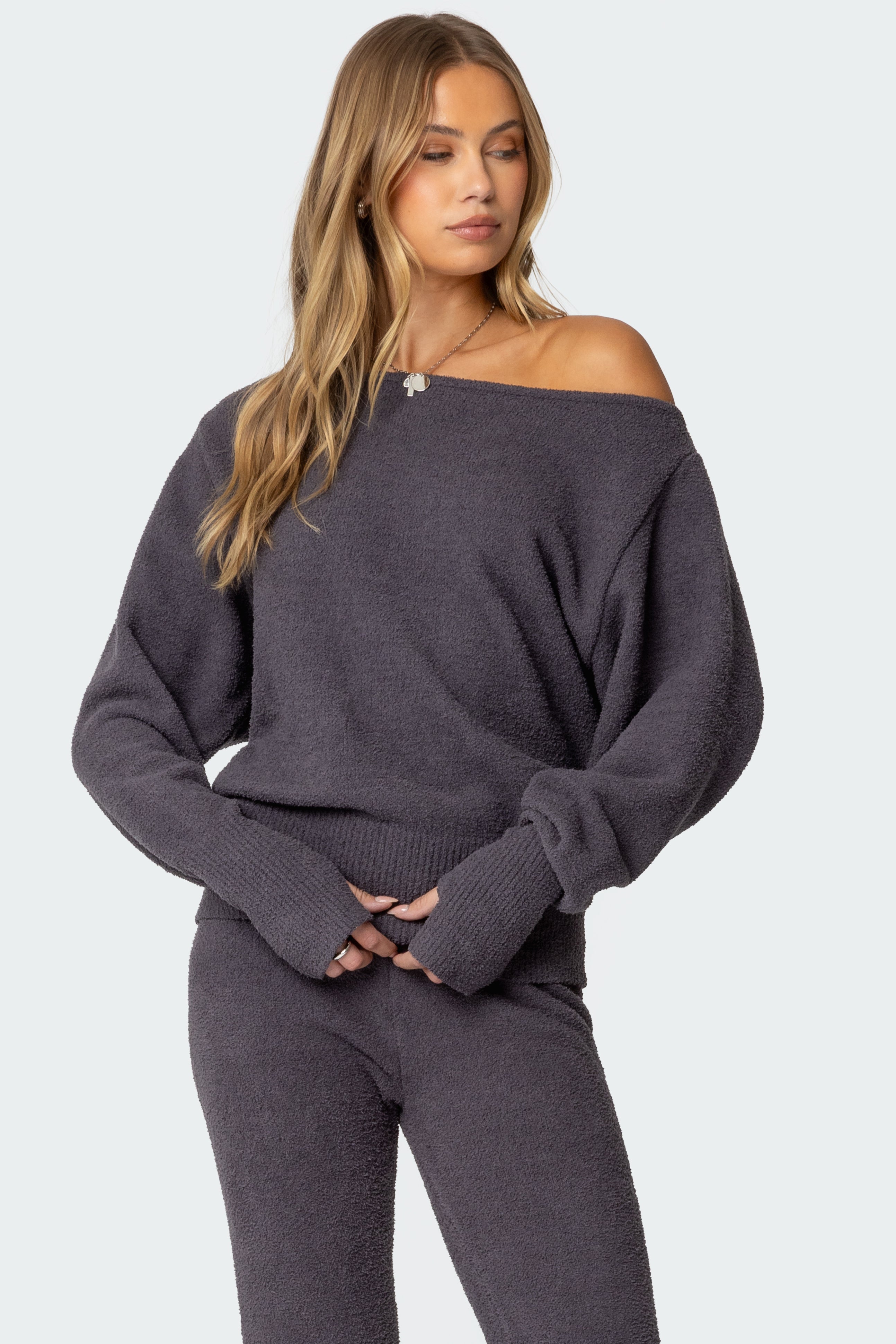 Plush Oversized Asymmetric Sweater - DARK GRAY