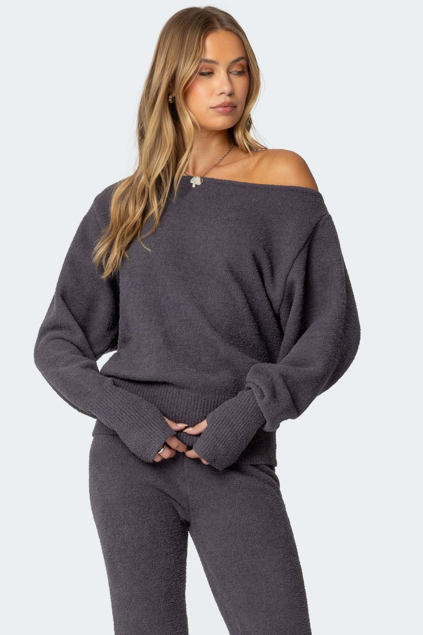 Plush Oversized Asymmetric Sweater - DARK GRAY