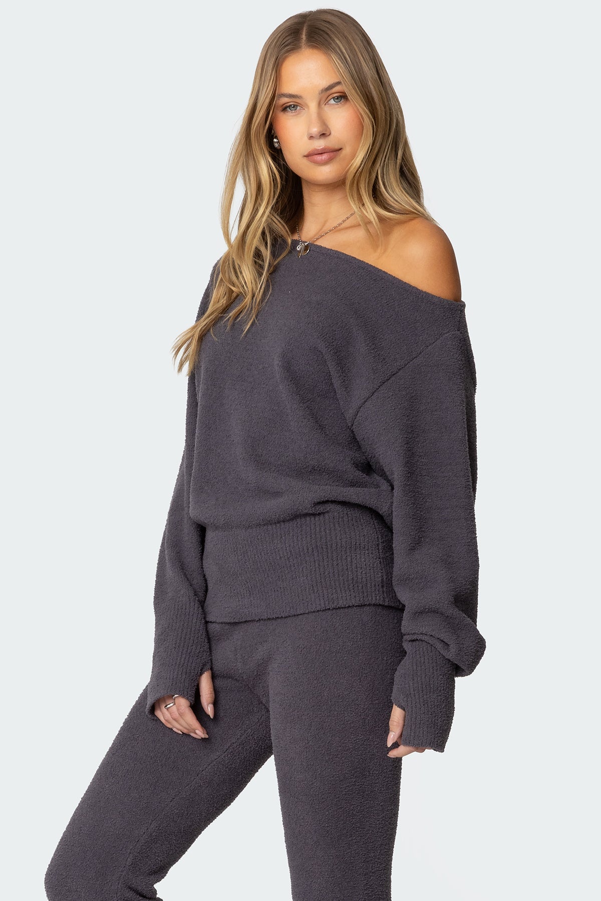 Plush Oversized Asymmetric Sweater - DARK GRAY