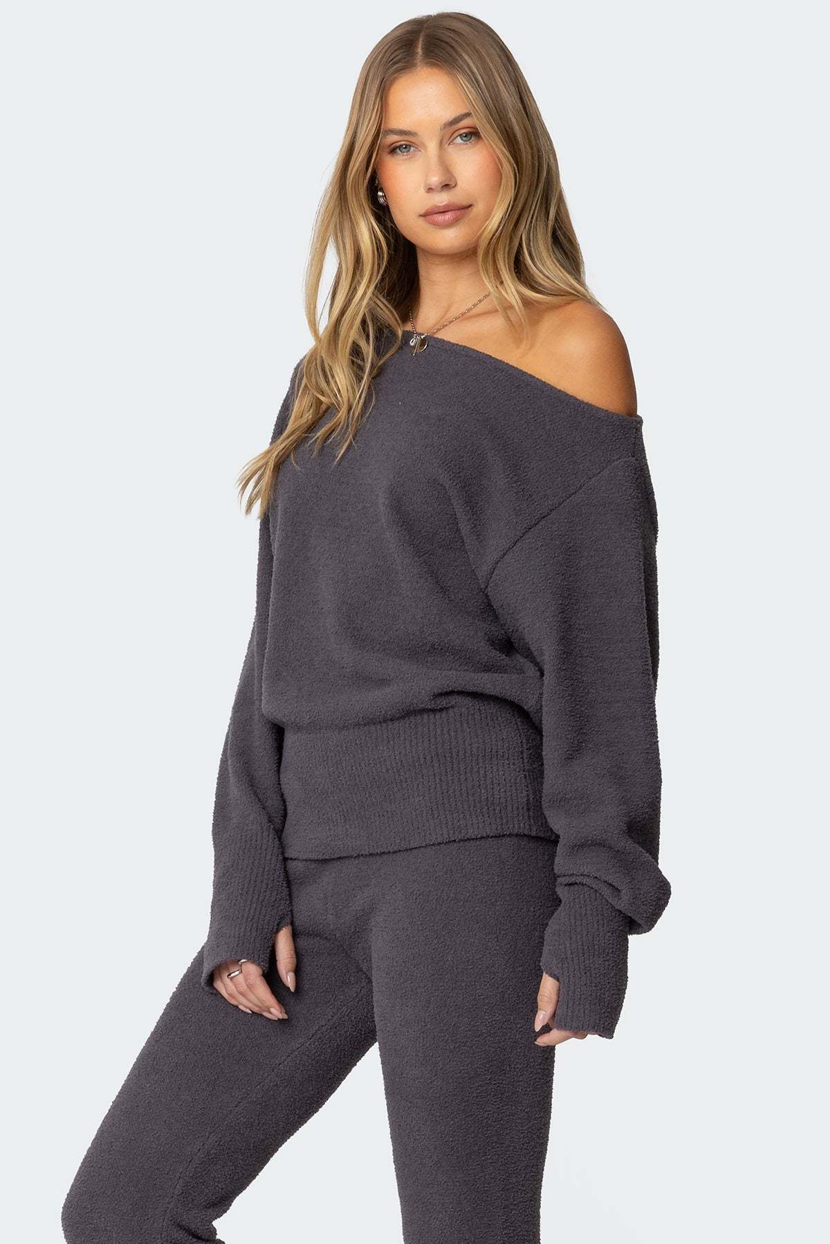 Plush Oversized Asymmetric Sweater - DARK GRAY
