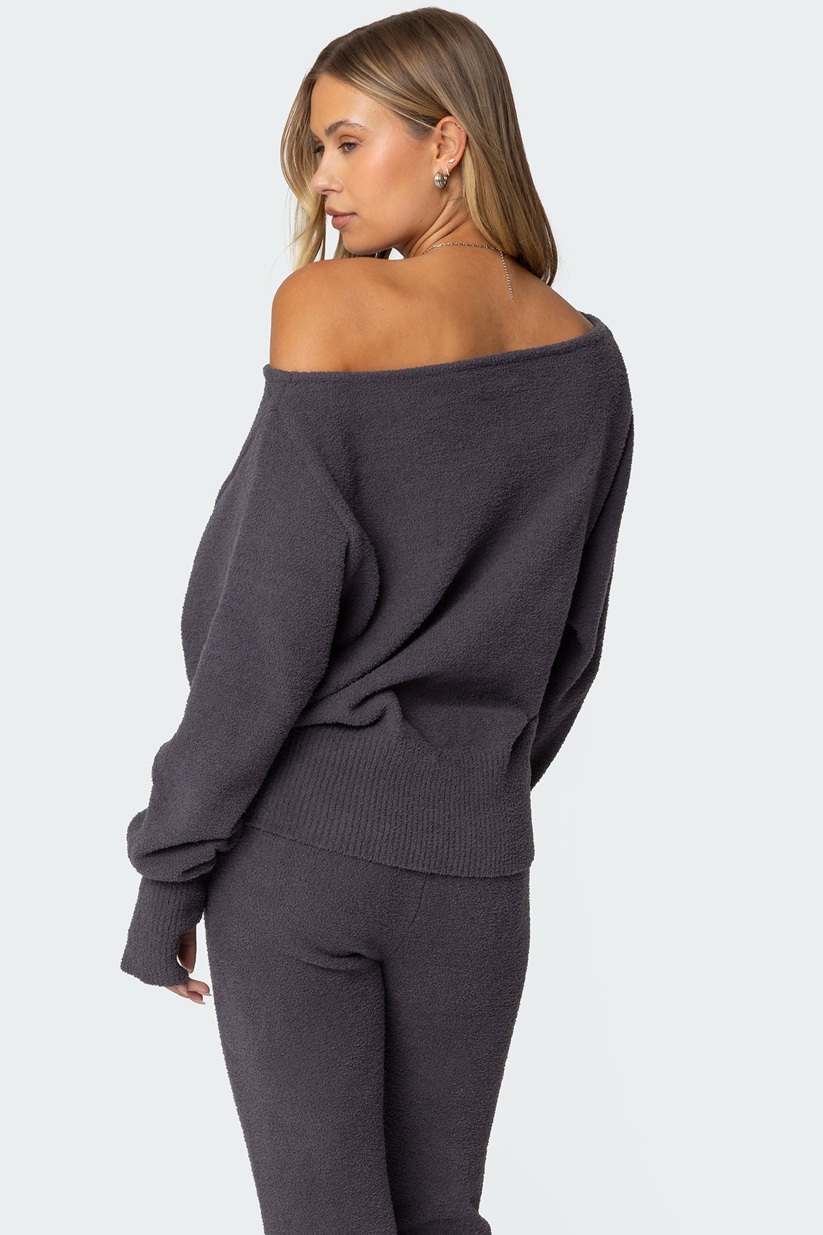 Plush Oversized Asymmetric Sweater - DARK GRAY