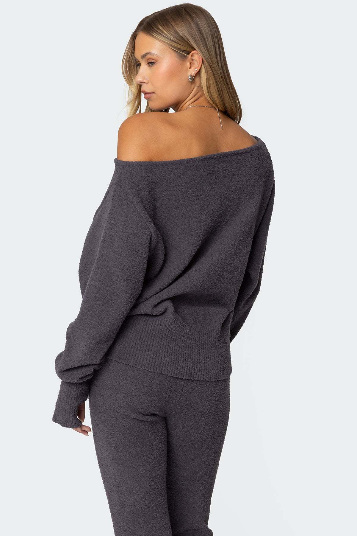 Plush Oversized Asymmetric Sweater - DARK GRAY