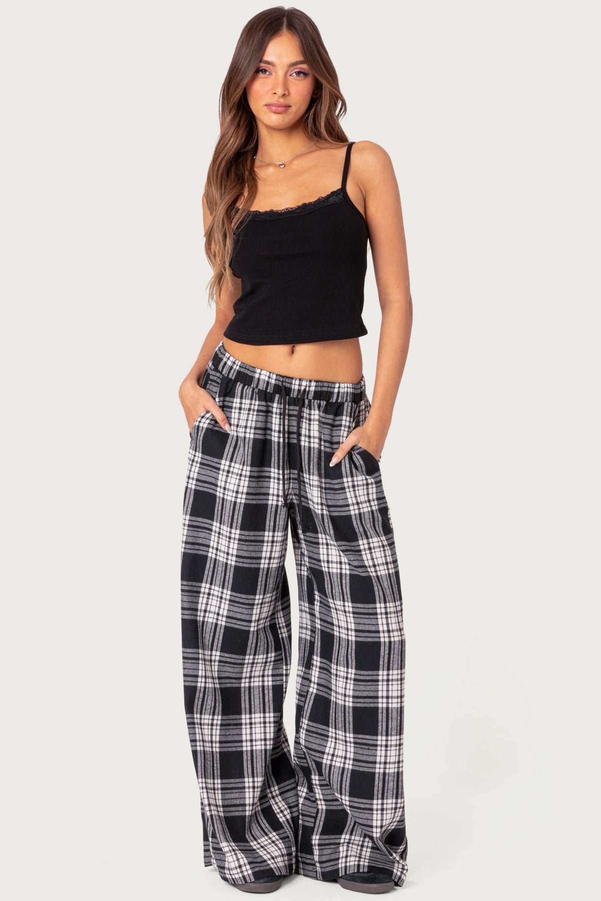 Lounge Around Plaid Wide Leg Pants - BLACK AND WHITE