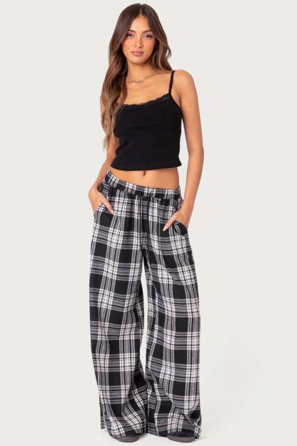 Lounge Around Plaid Wide Leg Pants - BLACK AND WHITE