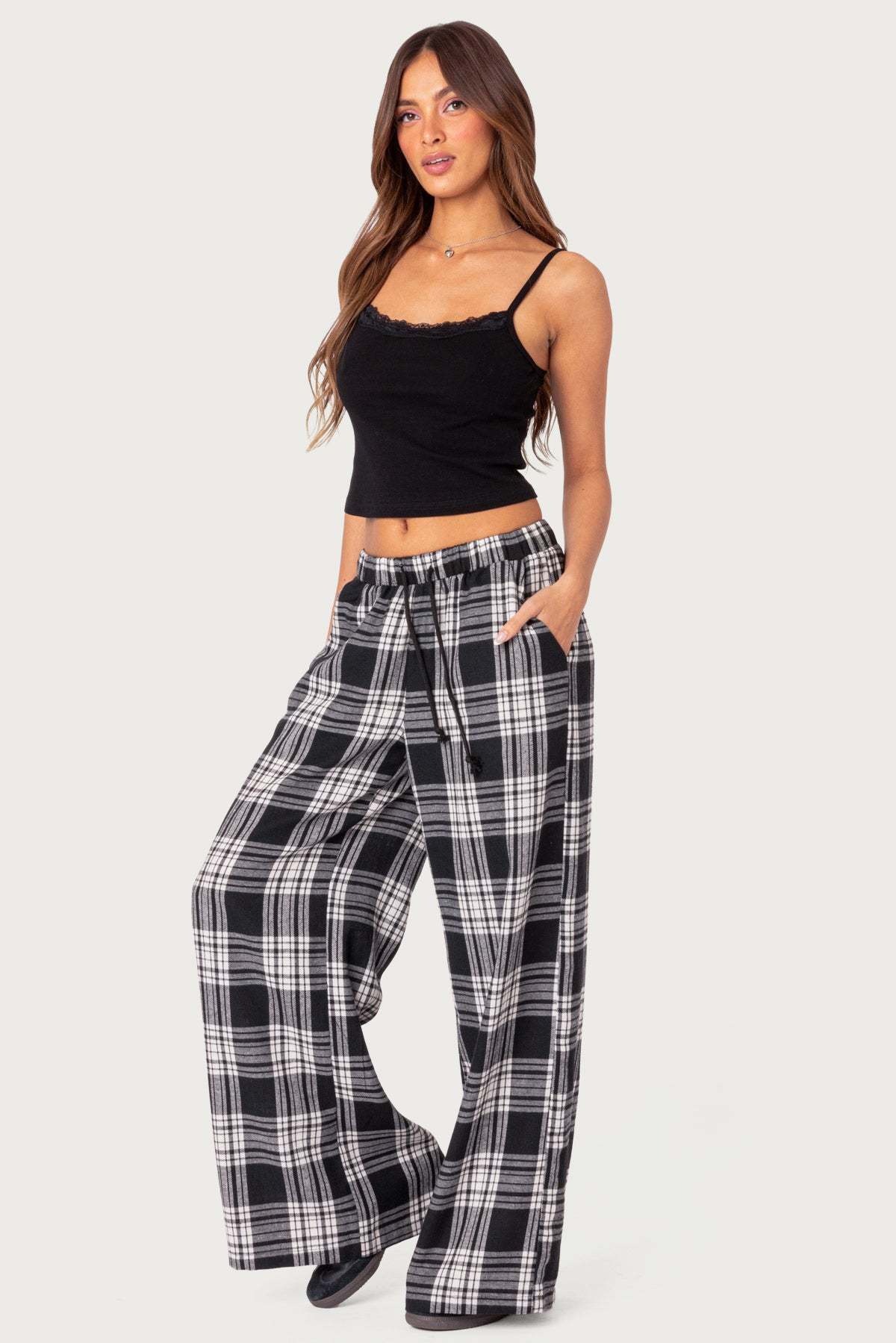 Lounge Around Plaid Wide Leg Pants - BLACK AND WHITE