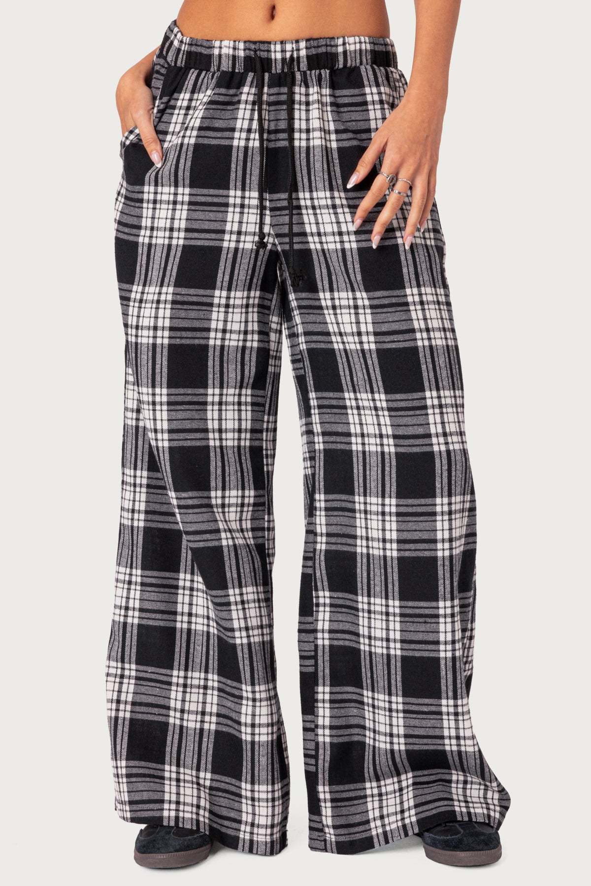 Lounge Around Plaid Wide Leg Pants - BLACK AND WHITE