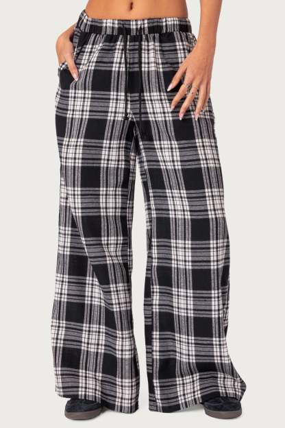 Lounge Around Plaid Wide Leg Pants - BLACK AND WHITE