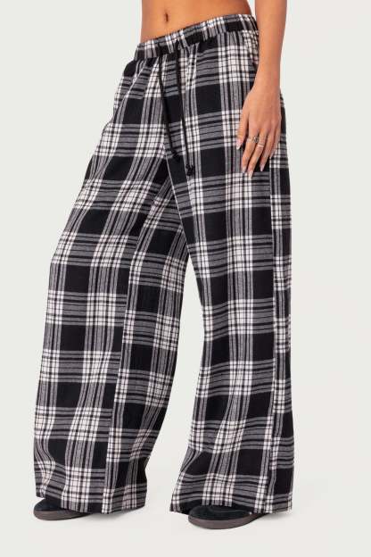 Lounge Around Plaid Wide Leg Pants - BLACK AND WHITE
