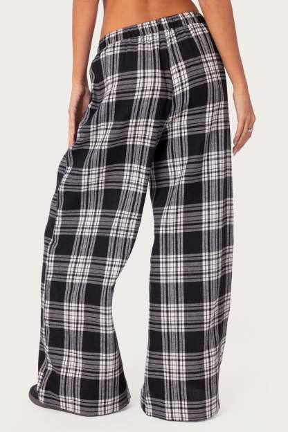 Lounge Around Plaid Wide Leg Pants - BLACK AND WHITE