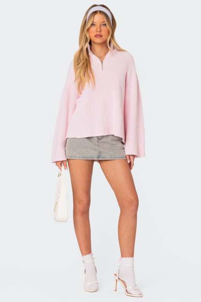 Amour High Neck Oversized Zip Sweater - PINK