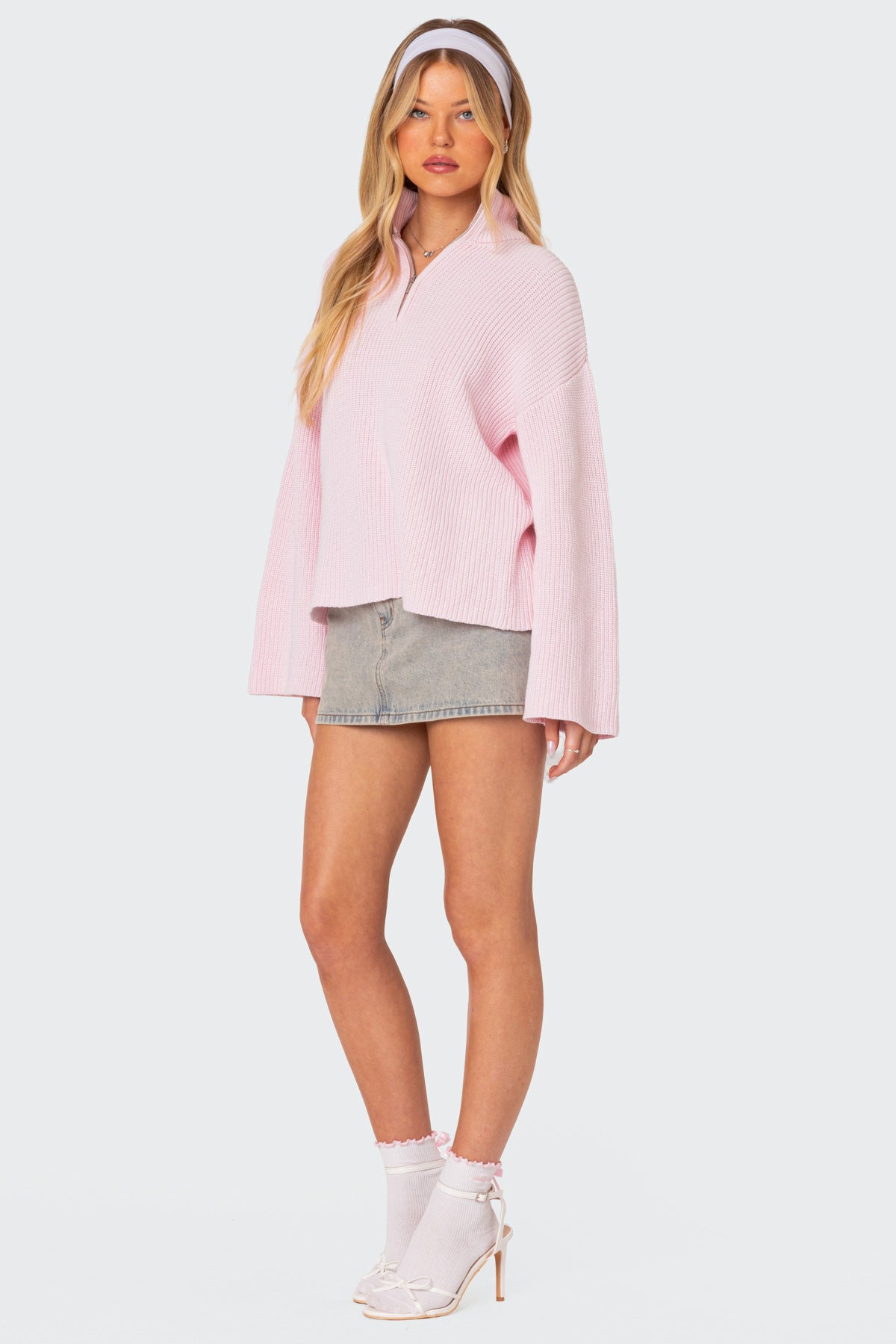 Amour High Neck Oversized Zip Sweater - PINK
