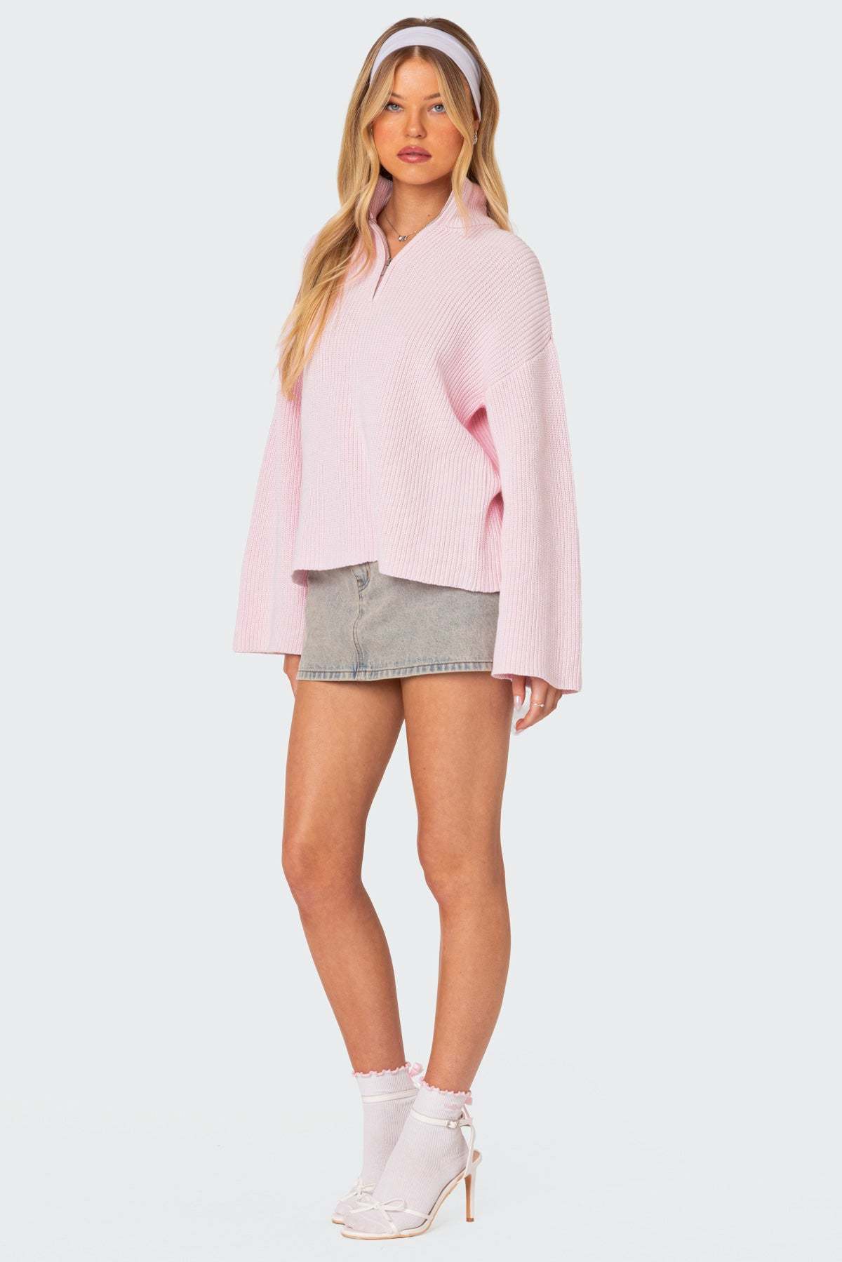 Amour High Neck Oversized Zip Sweater - PINK