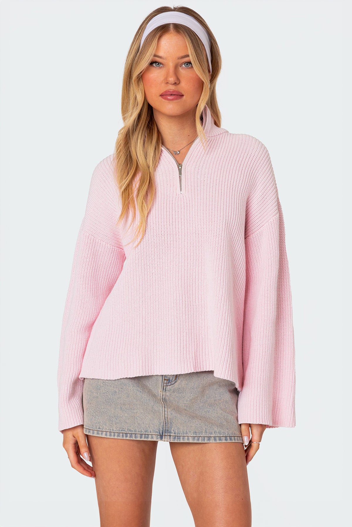 Amour High Neck Oversized Zip Sweater - PINK