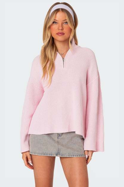 Amour High Neck Oversized Zip Sweater - PINK