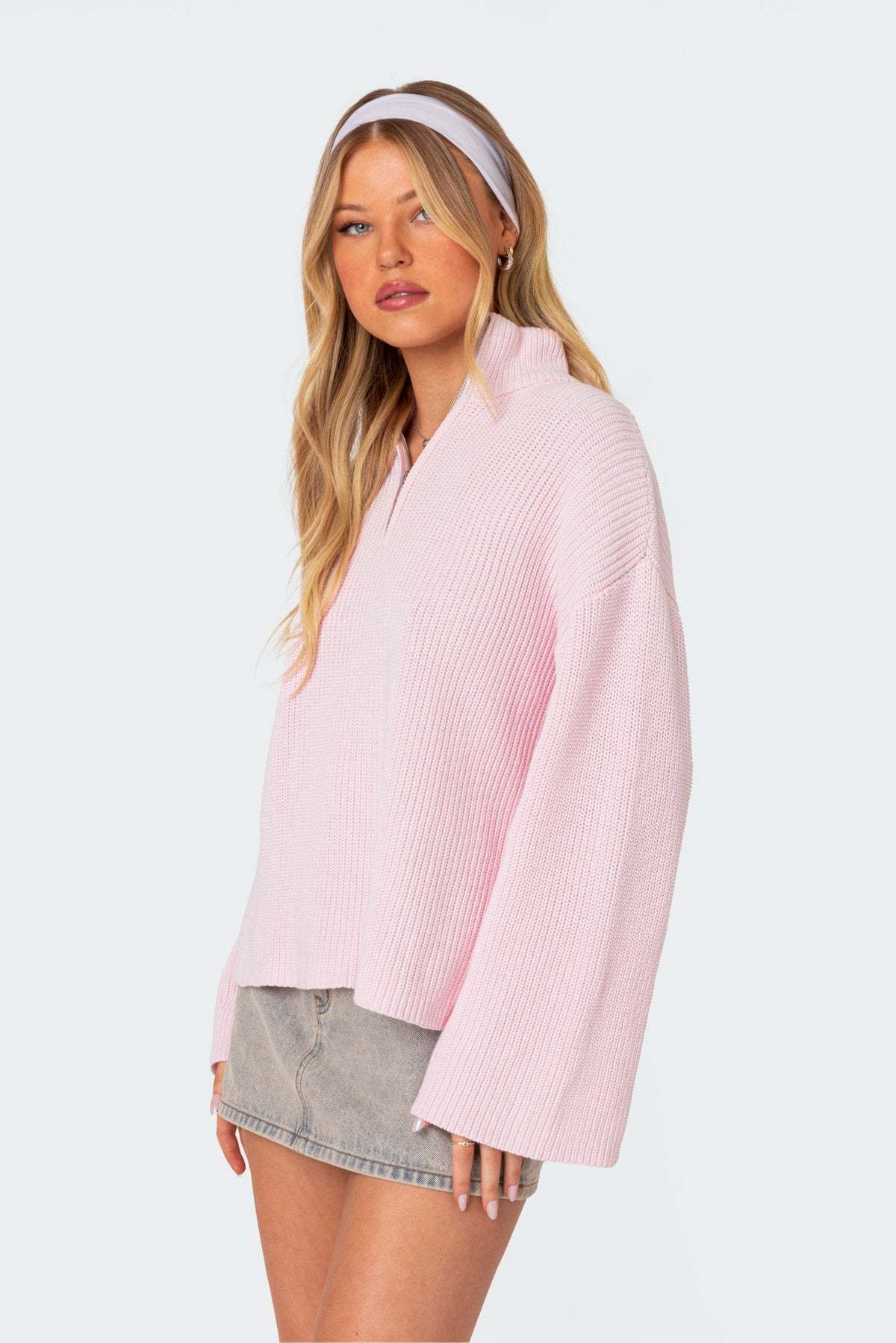 Amour High Neck Oversized Zip Sweater - PINK