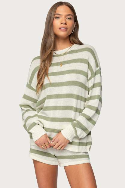 Amaris Oversized Striped Sweater - OLIVE