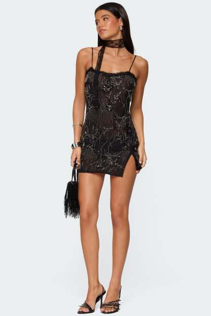 Romey Beaded Chiffon Mini Dress - BLACK