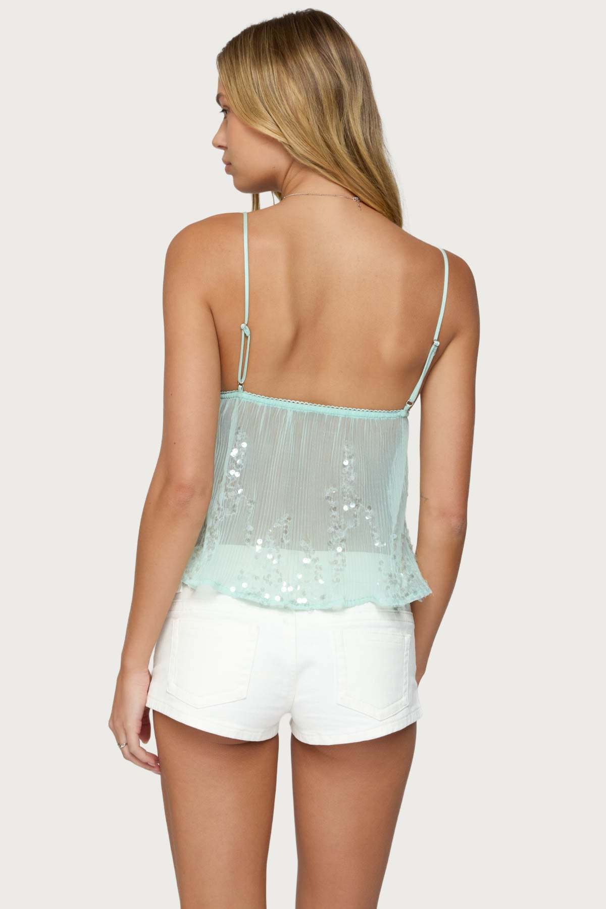 Sequin Sheer Mesh Babydoll Top - TURQUOISE