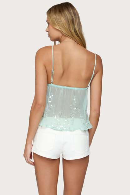 Sequin Sheer Mesh Babydoll Top - TURQUOISE