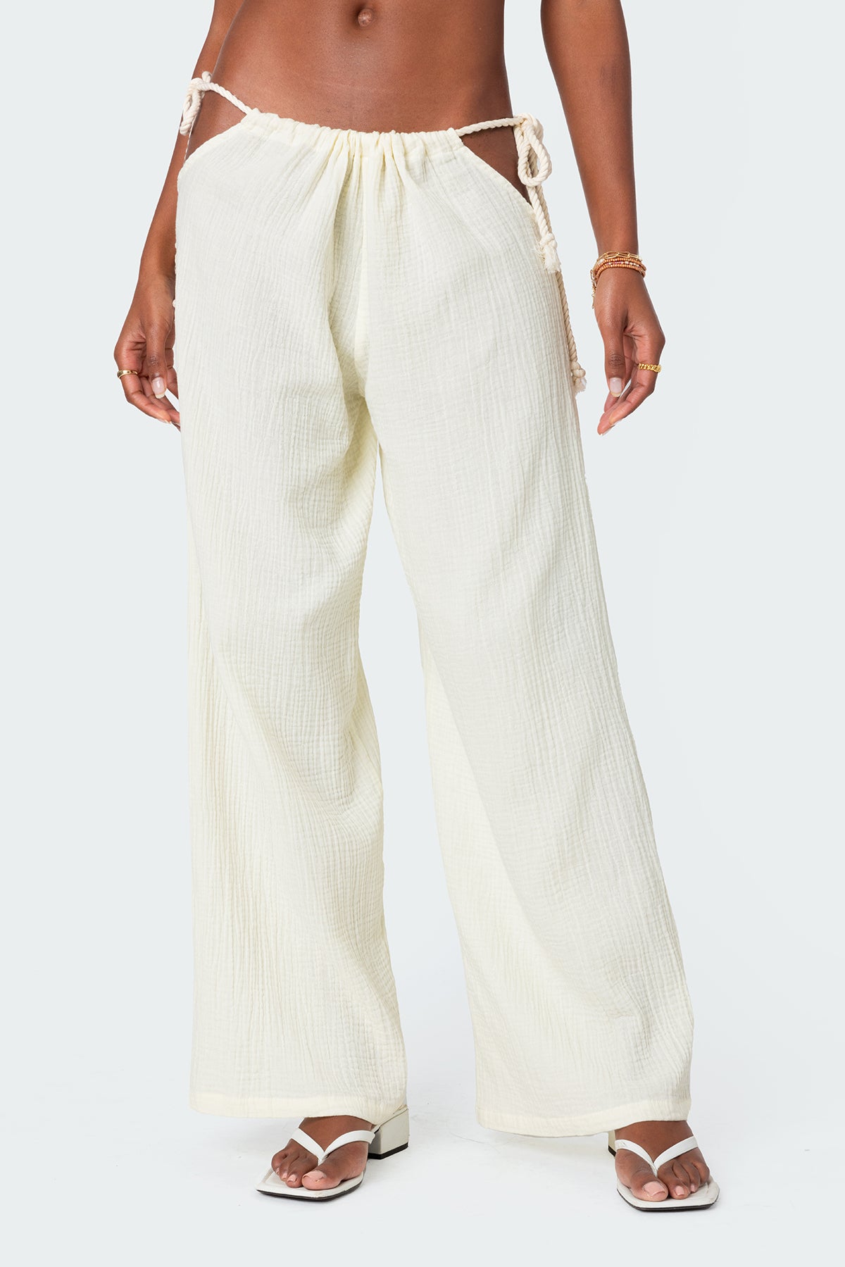 Leoni Side Tie Cotton Gauze Pants - CREAM