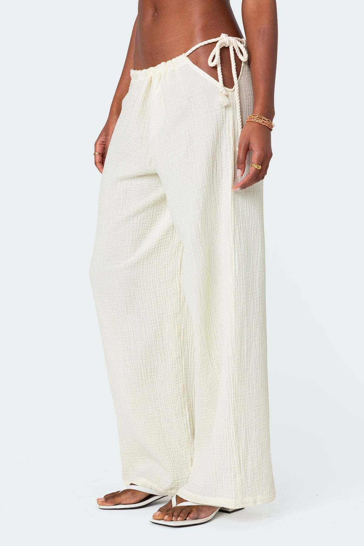 Leoni Side Tie Cotton Gauze Pants - CREAM
