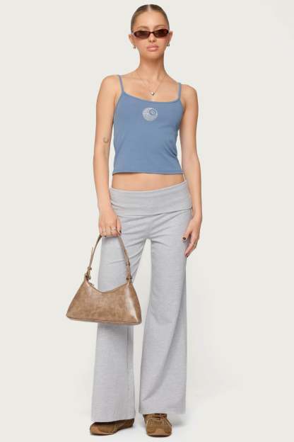 Petite Wide Leg Foldover Pants - LIGHT GRAY MELANGE