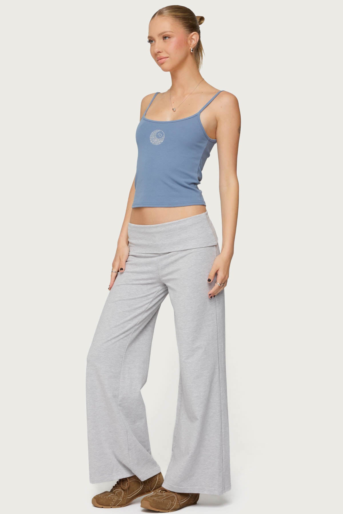Petite Wide Leg Foldover Pants - LIGHT GRAY MELANGE