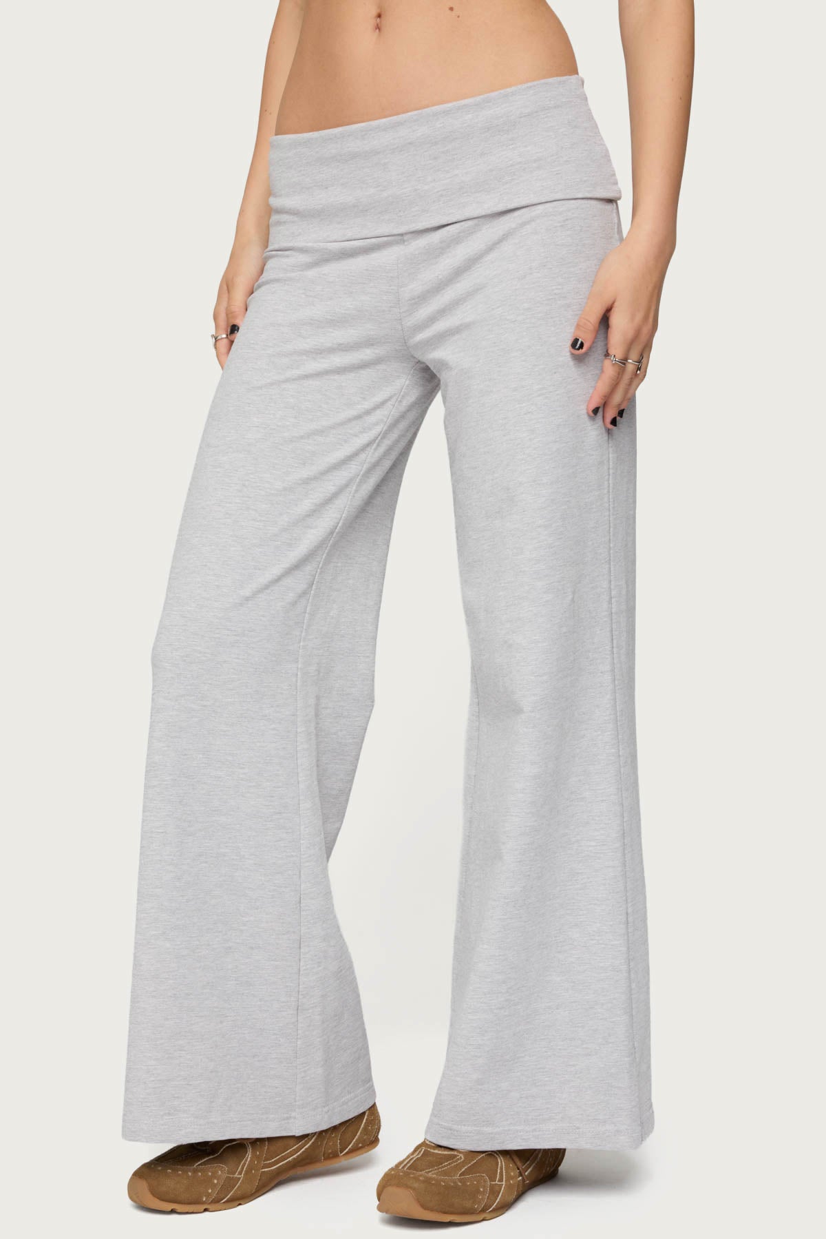 Petite Wide Leg Foldover Pants - LIGHT GRAY MELANGE