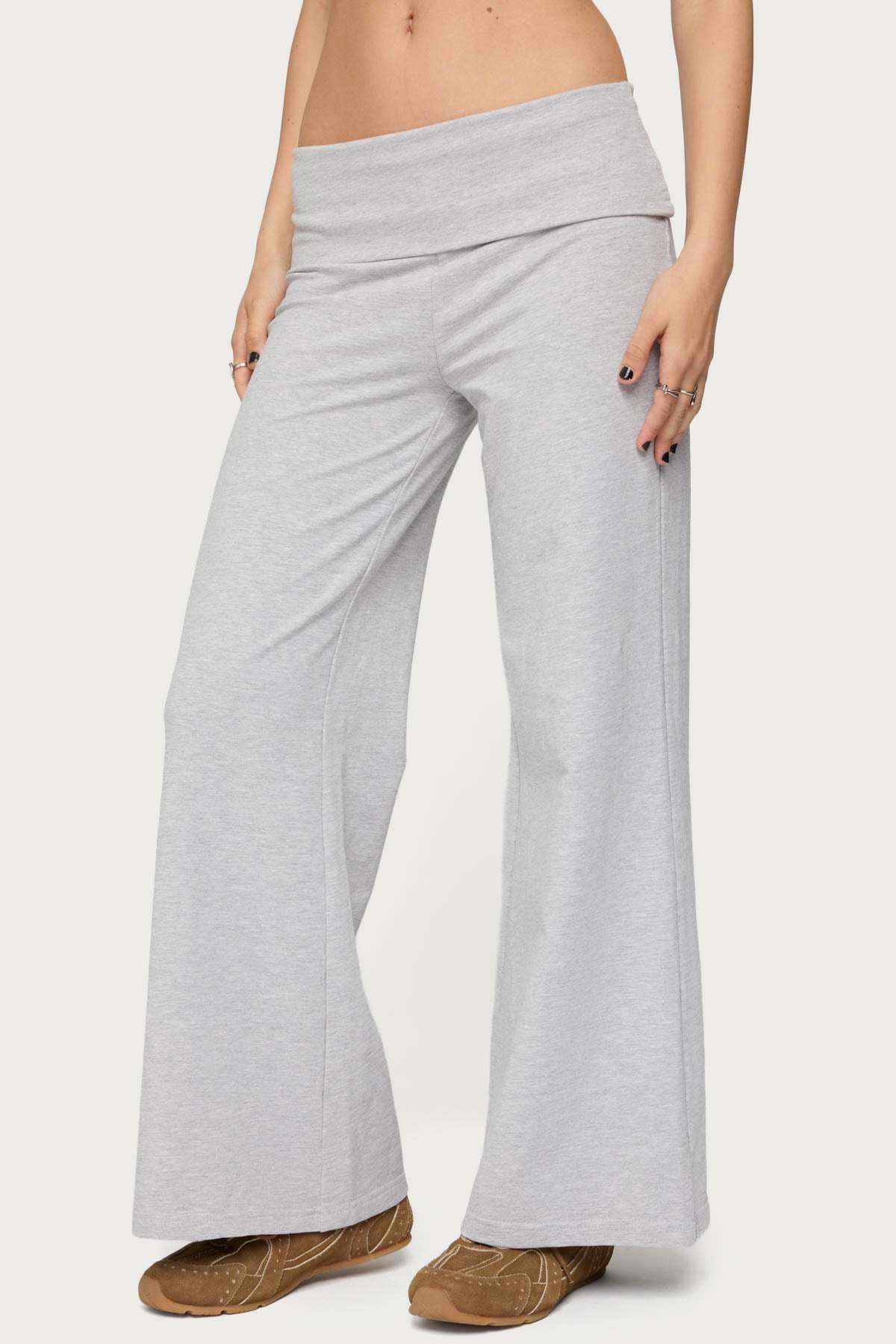 Petite Wide Leg Foldover Pants - LIGHT GRAY MELANGE