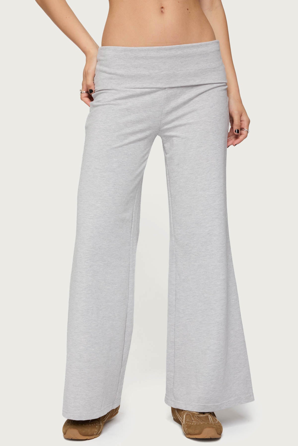 Petite Wide Leg Foldover Pants - LIGHT GRAY MELANGE