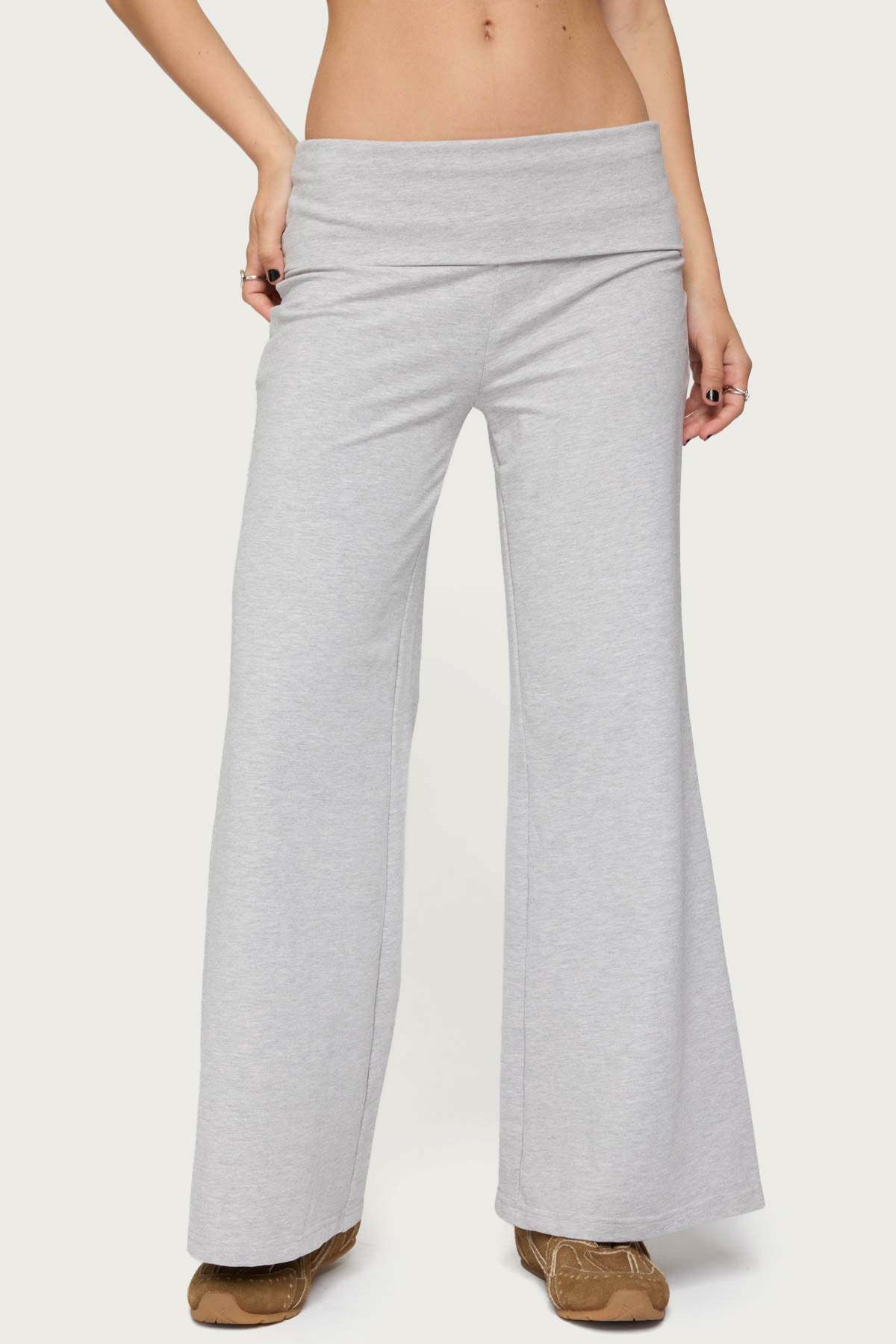 Petite Wide Leg Foldover Pants - LIGHT GRAY MELANGE
