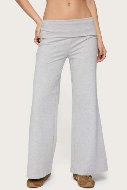 Petite Wide Leg Foldover Pants - LIGHT GRAY MELANGE