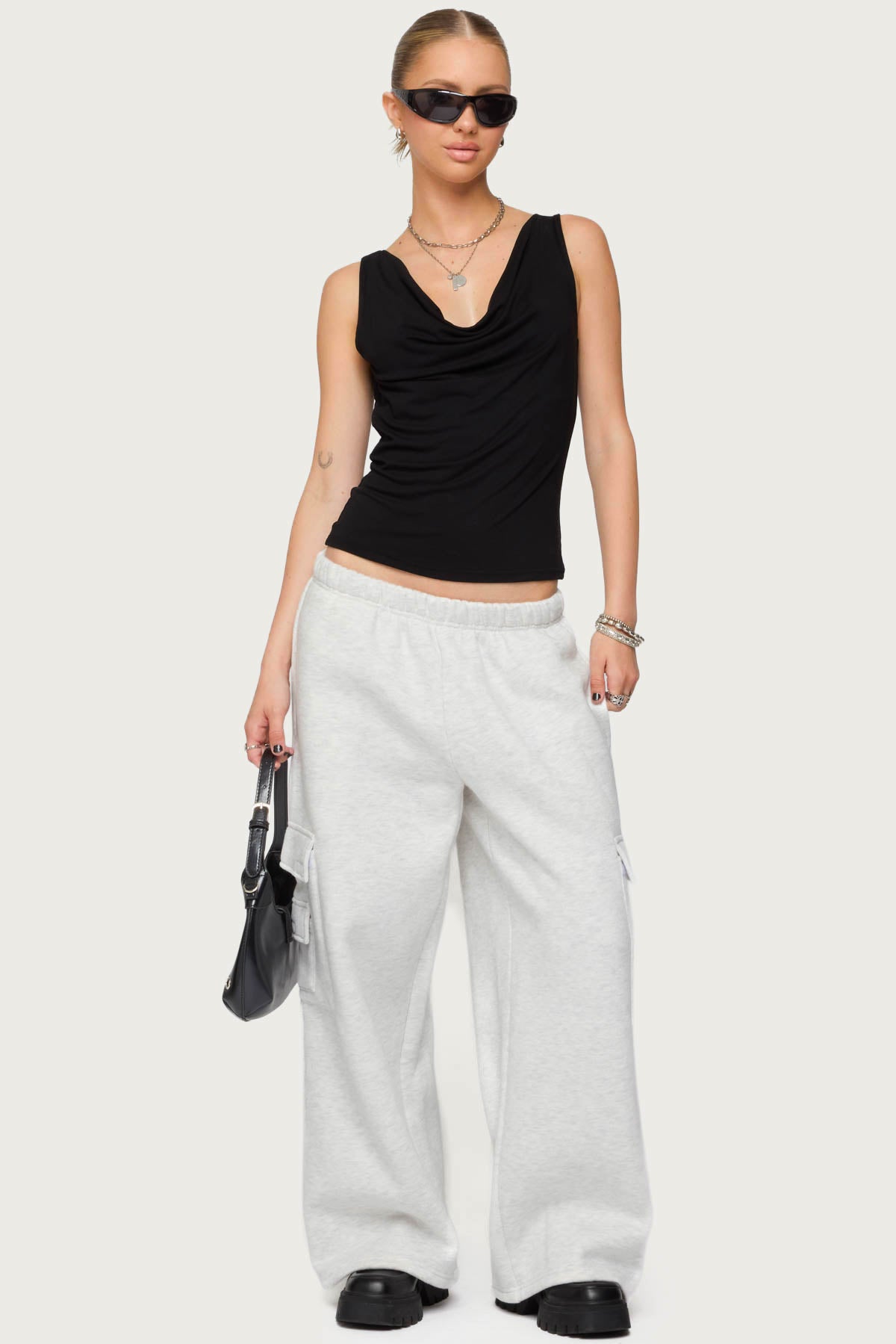 Petite Wide Leg Cargo Sweatpants - LIGHT GRAY