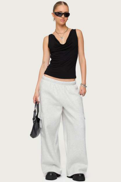Petite Wide Leg Cargo Sweatpants - LIGHT GRAY