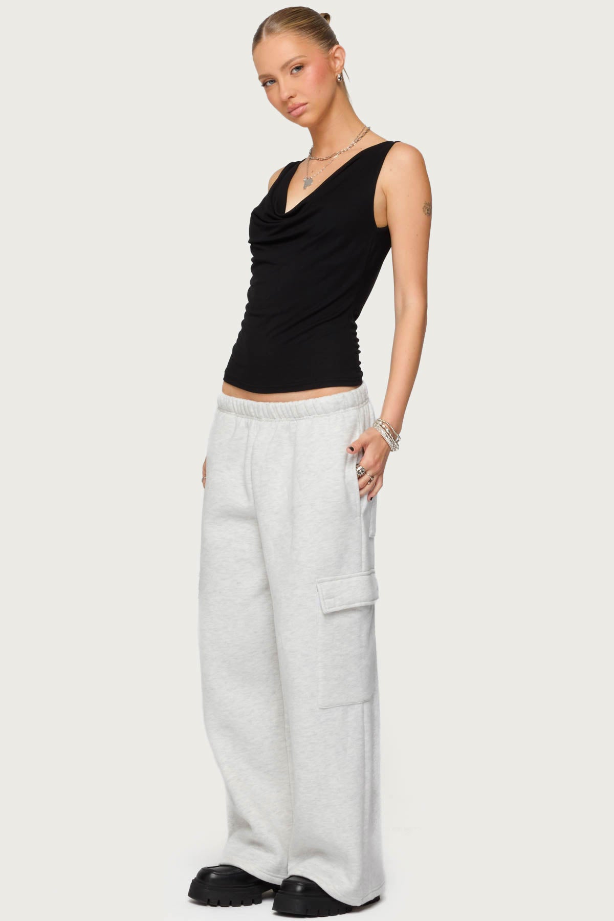 Petite Wide Leg Cargo Sweatpants - LIGHT GRAY