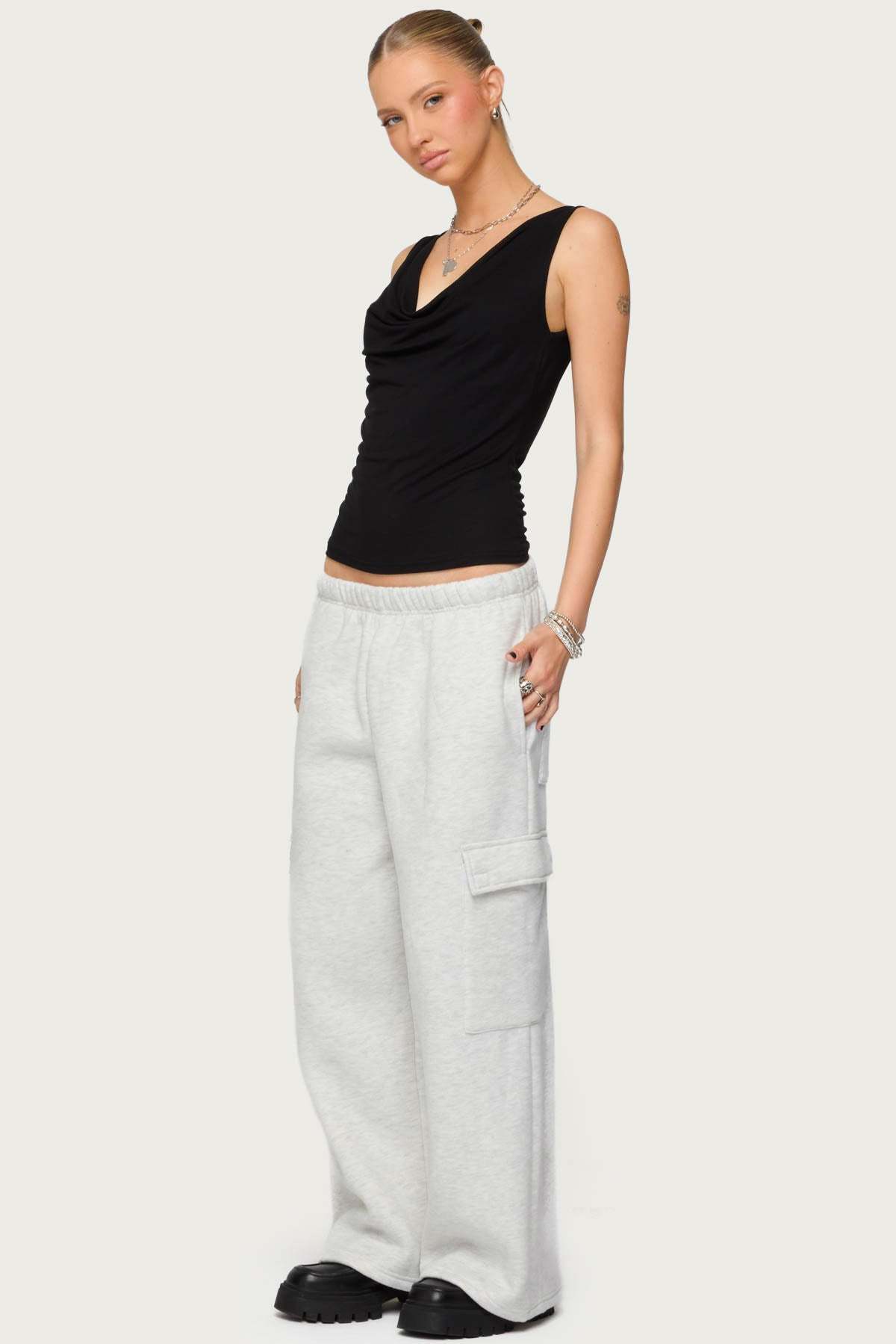 Petite Wide Leg Cargo Sweatpants - LIGHT GRAY