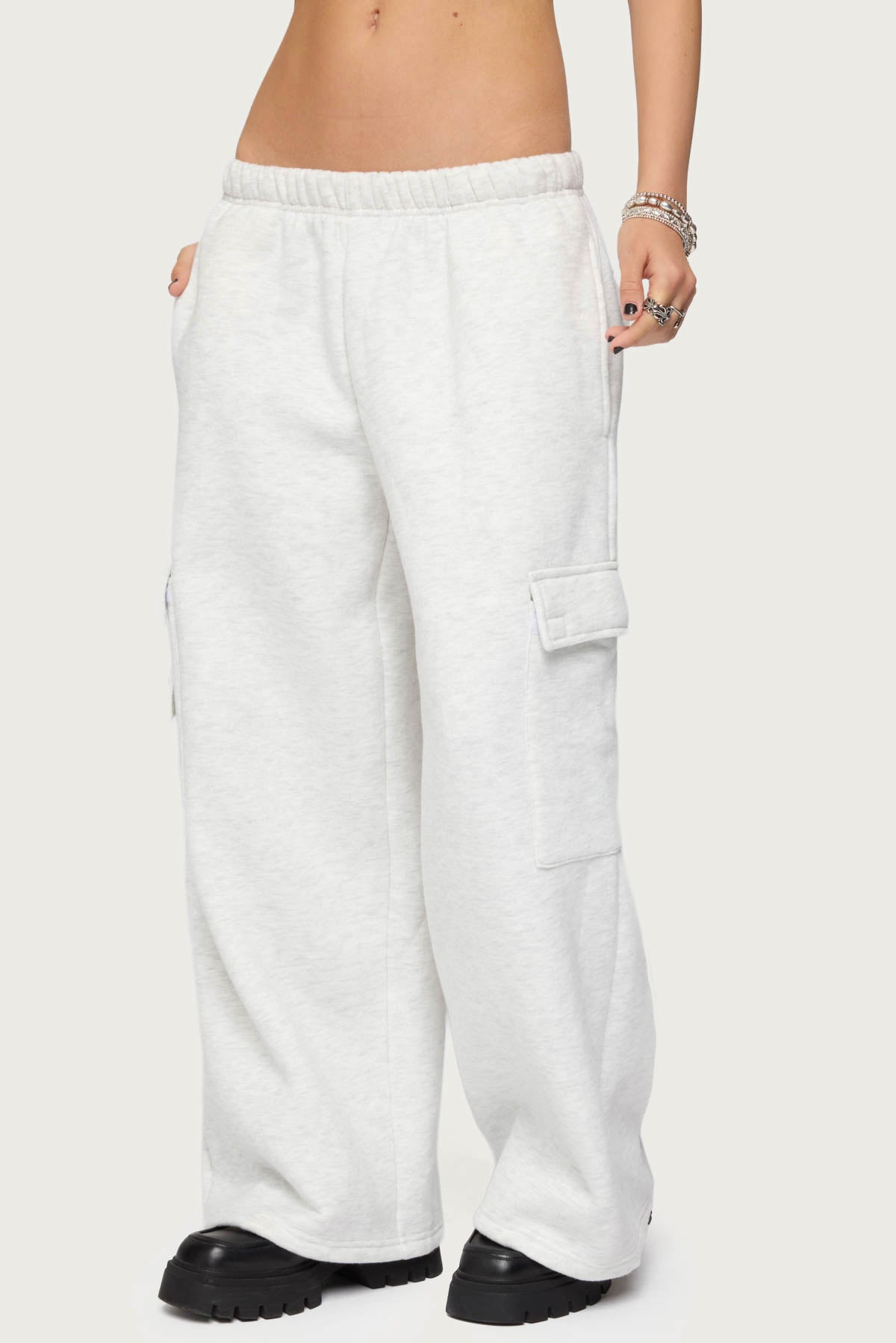 Petite Wide Leg Cargo Sweatpants - LIGHT GRAY