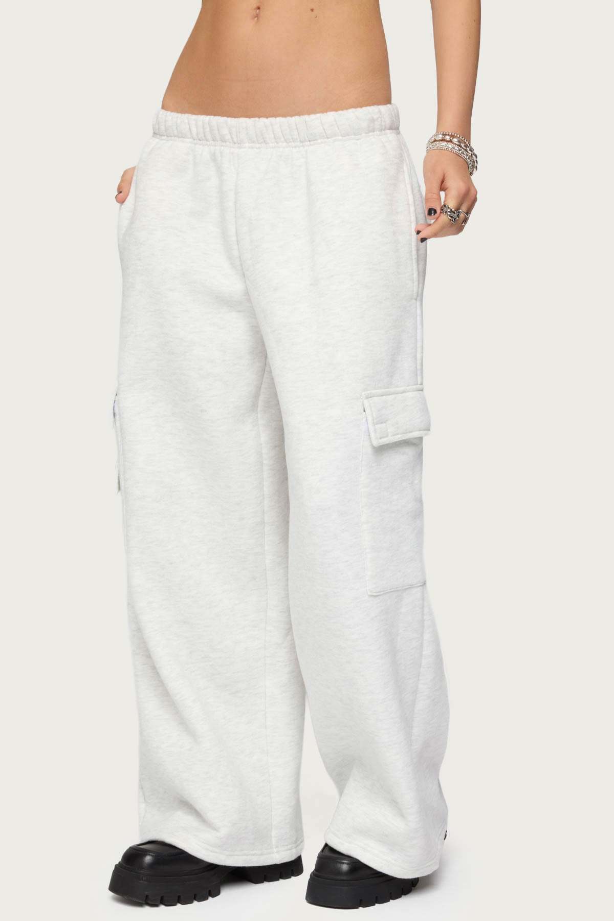 Petite Wide Leg Cargo Sweatpants - LIGHT GRAY