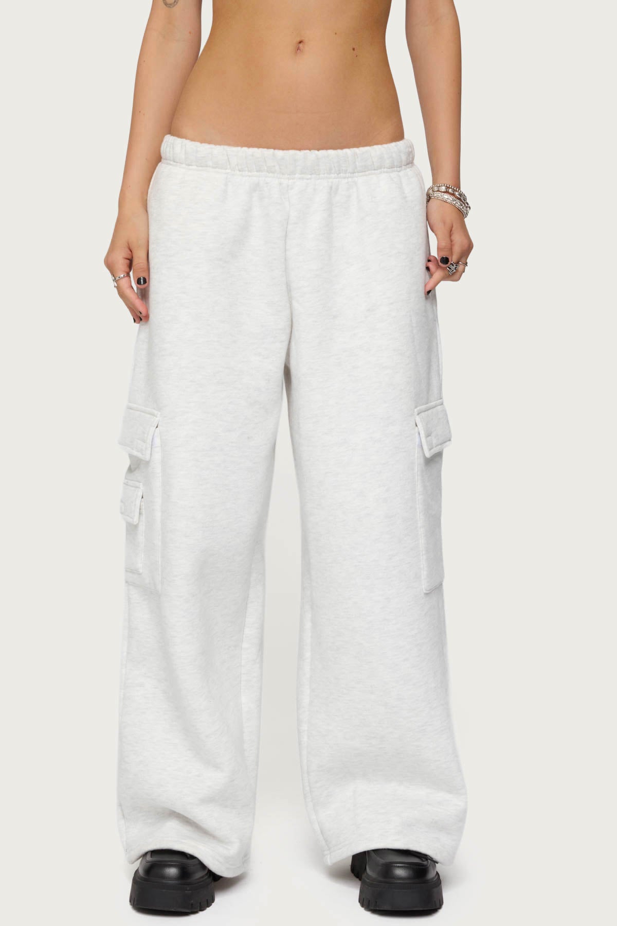 Petite Wide Leg Cargo Sweatpants - LIGHT GRAY