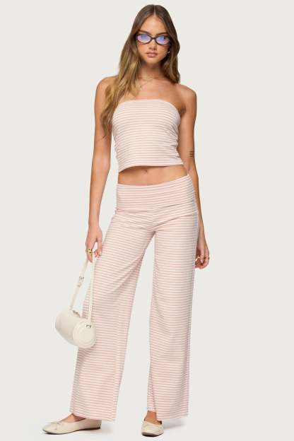 Lilah Striped Fold Over Pants - PINK AND WHITE