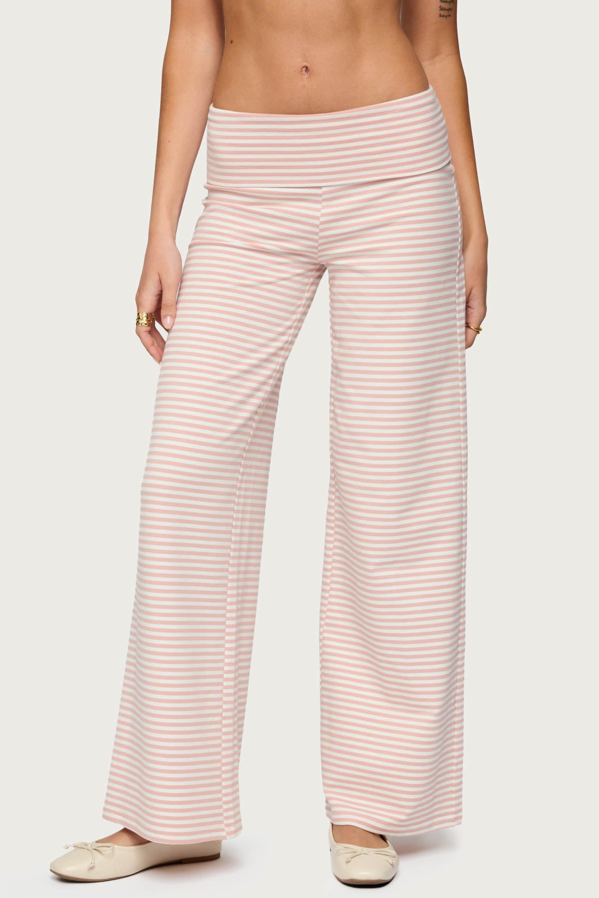 Lilah Striped Fold Over Pants - PINK AND WHITE