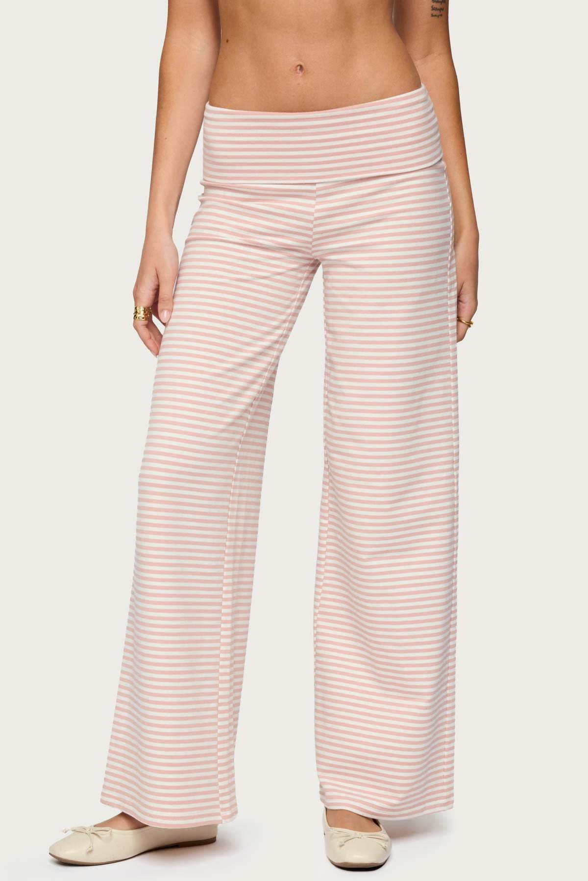 Lilah Striped Fold Over Pants - PINK AND WHITE