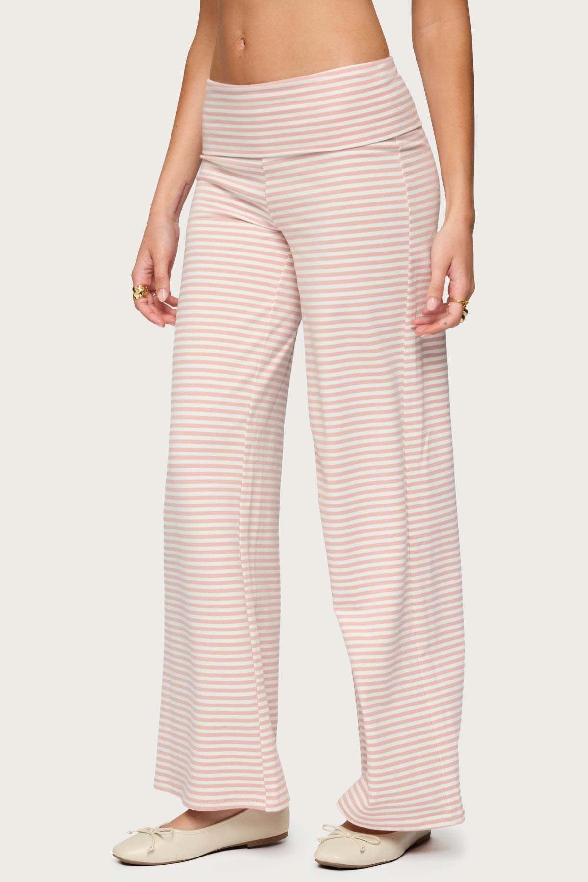 Lilah Striped Fold Over Pants - PINK AND WHITE