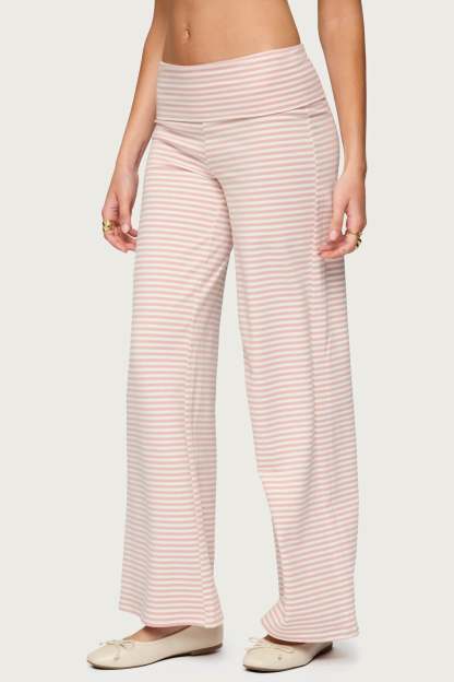 Lilah Striped Fold Over Pants - PINK AND WHITE